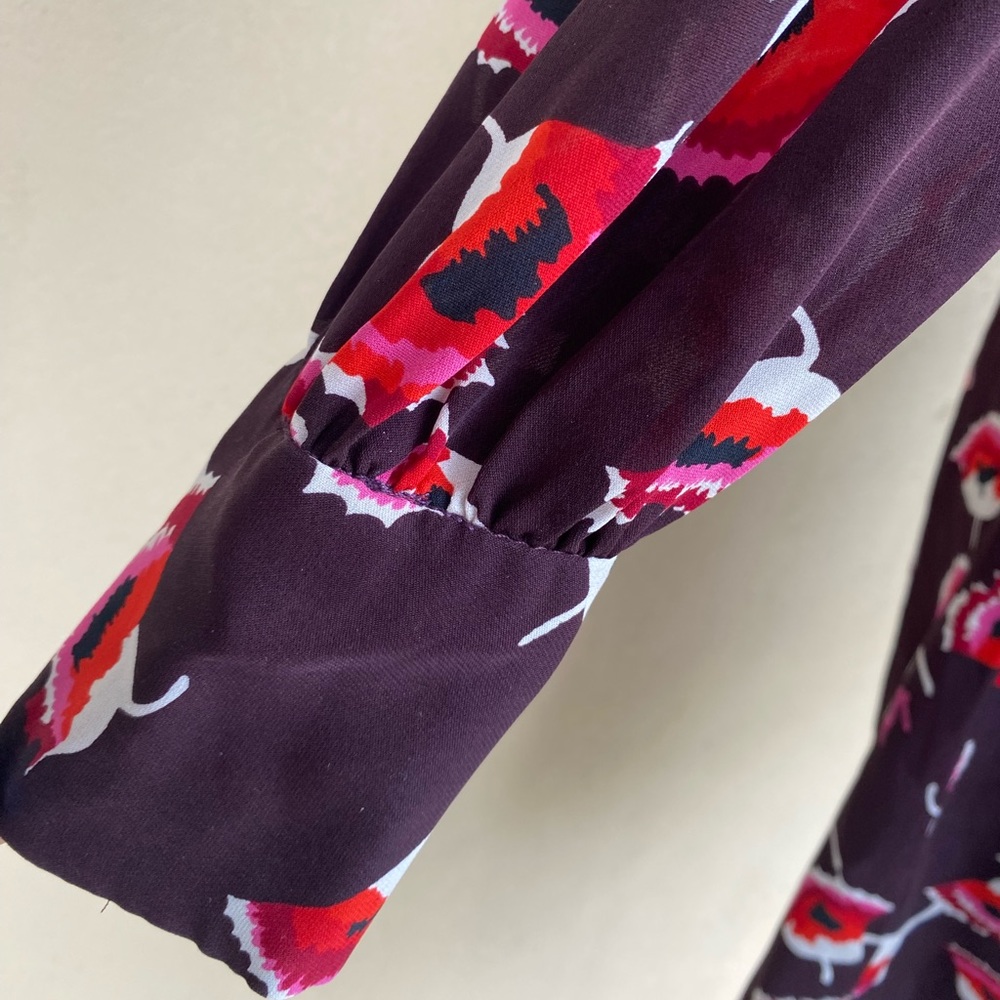 Milly Eggplant Poppy Floral 100% Silk Midi Dress Tie Bow 3/4 Sleeve Sz 4 EUC - Picture 5 of 6